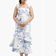 dessy collection Floral Print Ruffle Sleeveless Satin Midi Dress, size 14