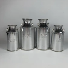 Vintage Metal Milk Can Shakers Salt Pepper Sugar  Flour Set of 4 Preowned