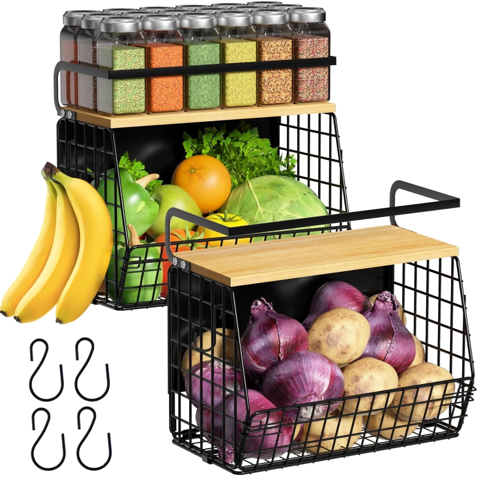 Magnetic Shelf for Fridge with Wood Lid, Fruit Potato and Onion Storage Bins,...