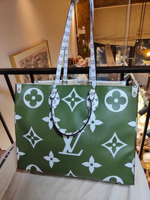 Auth Louis Vuitton OnTheGo GM Olive Green And White Monogram Giant Tote Bag Good