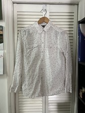 Eddie Bauer Womens Blouse Sz large White Navy Dots Button Up Wrinkle Cotton