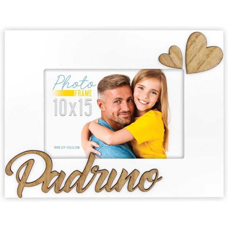 Cornice portafoto in legno 10x15 con scritta Padrino e cuore in rilievo