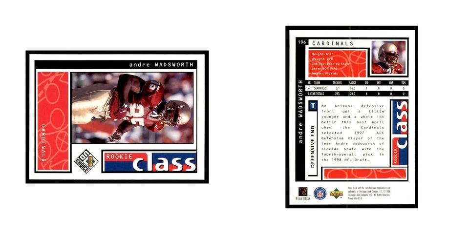 Andre Wadsworth Rookie 1998 UD Choice #196 Football Cards Football Card NM - Image 3 of 3