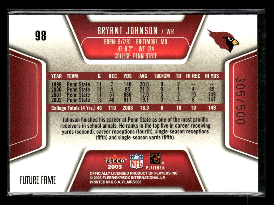 2003 Flair #98 Bryant Johnson SN,RC,305/500 - Image 2 of 2