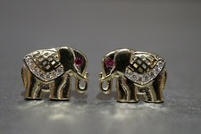 14K Solid Yellow Gold 0.45" Elephant Red Eyes CZ Stud Earrings.