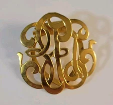 Vintage Scroll Brooch Scarf Clip Combo Goldtone Monogram