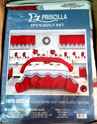 Priscilla 5 PCS Quilt Set, Sheet, Curtains, Pillow Case, King sized bed, Cotton