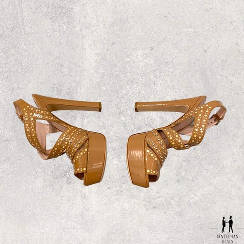 MIU MIU Brown Nude Patent Leather High Platform Heels Sz 37.5 EU 7.5 US Studed - Picture 4 of 13