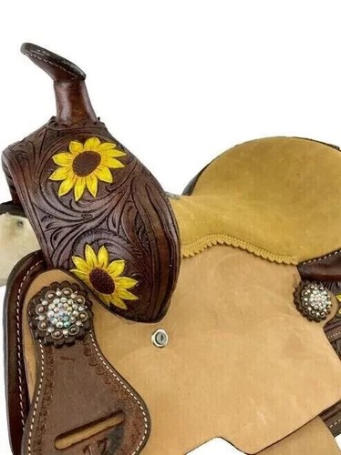 Leather Western Barrel Saddle Beautifully Hand Painted Sunflower Size 15". - Picture 4 of 5