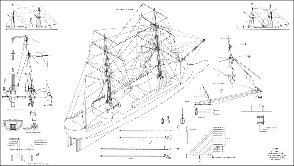 SMS PRINZ ADALBERT (1864), Schlachtschiff. Modellbauplan M 1:100 - Bild 3 von 4