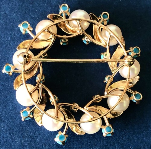 Spilla antica vintage oro 14 carati foglie corona perle turchese 9,3 g splendida! - Foto 6 di 9
