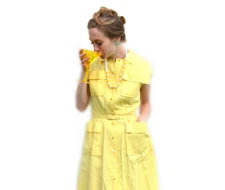 1940s Nelly Don Day Dress Retro Housewife Yellow Button Down Pocket Waist Smock