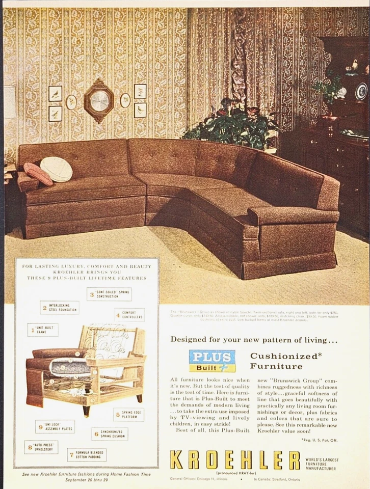 Kroehler furniture couch ad vintage 1956 original Brunswick sofa advertisement - Image 2 of 4