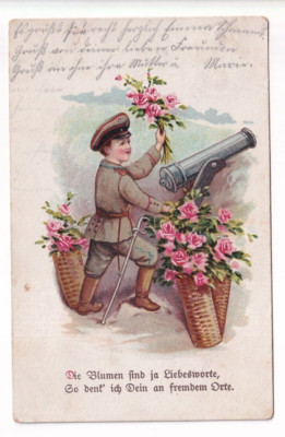 LOVE GREETINGS from foreign places 1918: ''Feldpost motif'' flowers from trenches