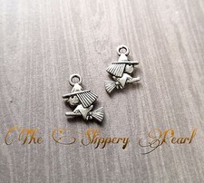 10 Witch Charms Antique Silver Tone Halloween Pendants Findings 2 Sided