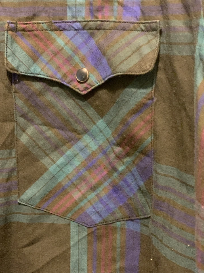 Camisa de hombre vintage verde negra a cuadros poli algodón Rustler manga larga a presión Foto 4 de 4