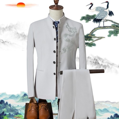 Mens Suit Chinese Style Embroidered Slim-fit Zhongshan Korean Performance Casual - Picture 27 of 39
