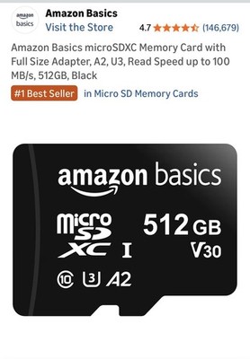Amazon Basics Micro SDXC Memory Card 512GB A2 U3 Full HD 100MB/s Adapter