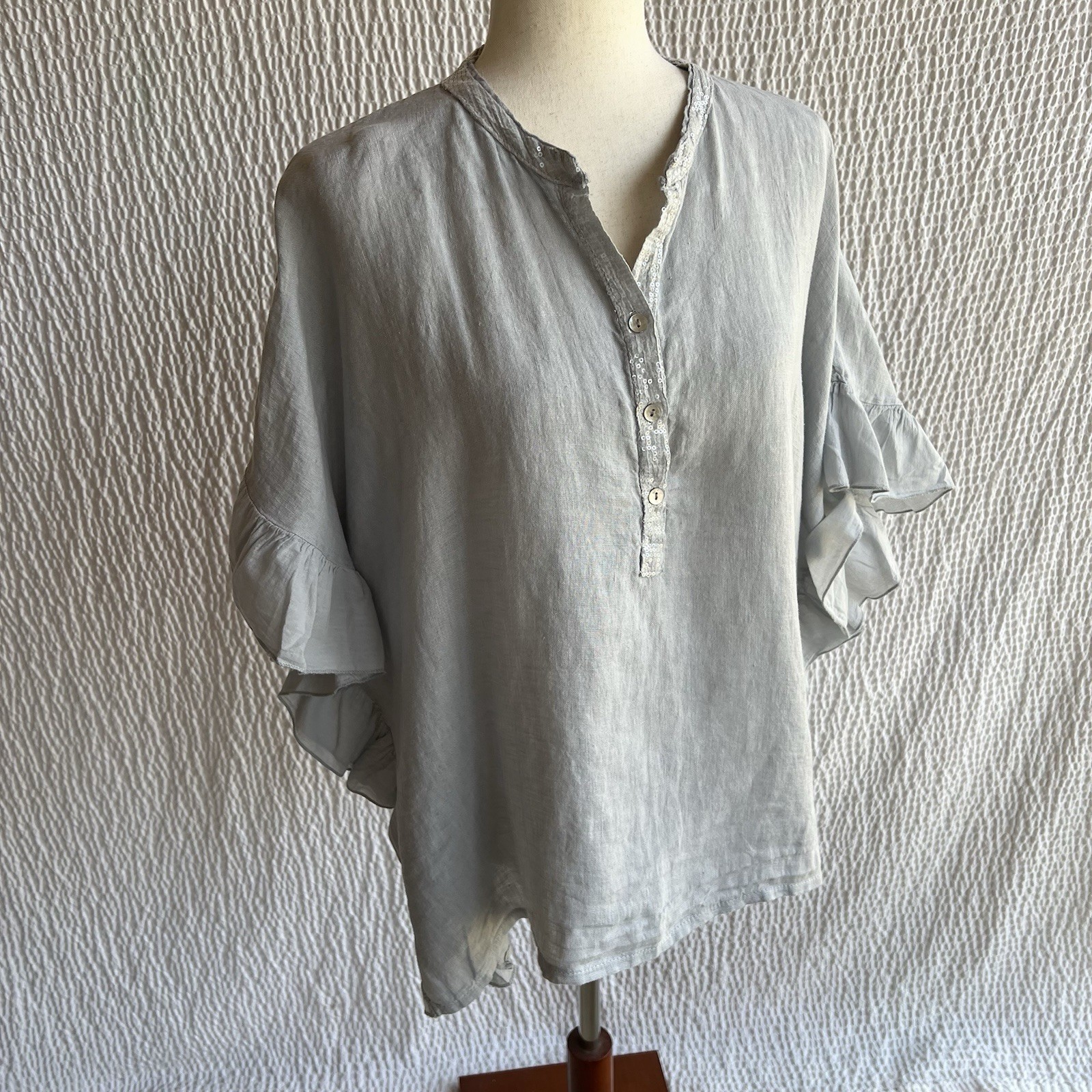 Saks Fifth Avenue Gray Oversized Loose Linen Top Small Sequins Ruffle  Sleeve image 4