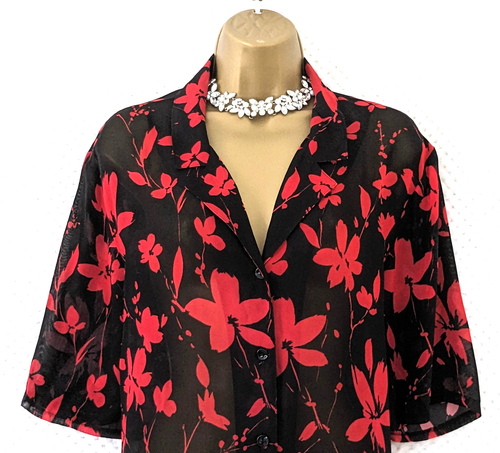 ELVI Longline Chiffon Blouse Top Sz 20 Black Red Floral Evening Cruise Party - Picture 2 of 11