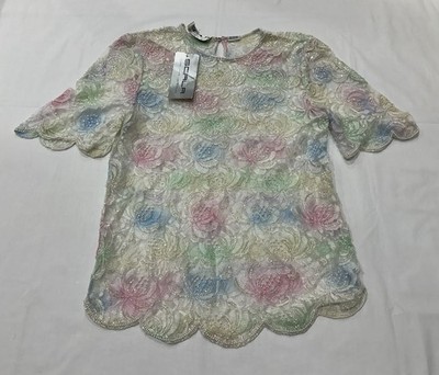 Vintage Scala Beaded Sequin Top Pastel Floral Party Cocktail Blouse Size Small