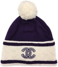 Chanel CC Logo Cashmere Beanie Hat Purple Whi...