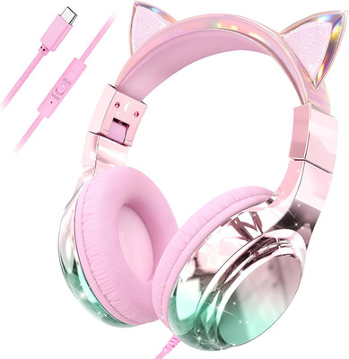 Qearfun Kids Cat Ear Headphones with USB C for Girls with Microphone, 85/94Db Sa
