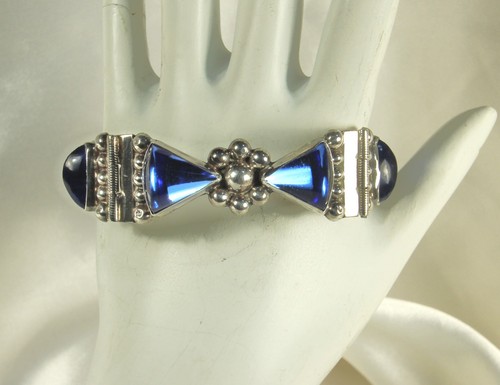 Sterling MEXICO Bracelet 1930s Deco COBALT Blue ART GLASS Semi Cone Cabs SIGNED - Picture 3 of 12
