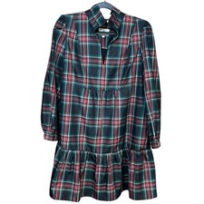 Tuckernuck Green Red Plaid Ruffle Neck Tiered Mini Dress Womens Size M