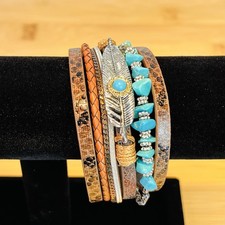 Southwest Multi Strand Magnetic Bracelet Turquoise Look Feather Brown Leather