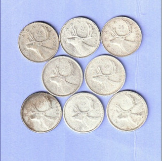8 Canada silver 25 Cent quarters 1950's.