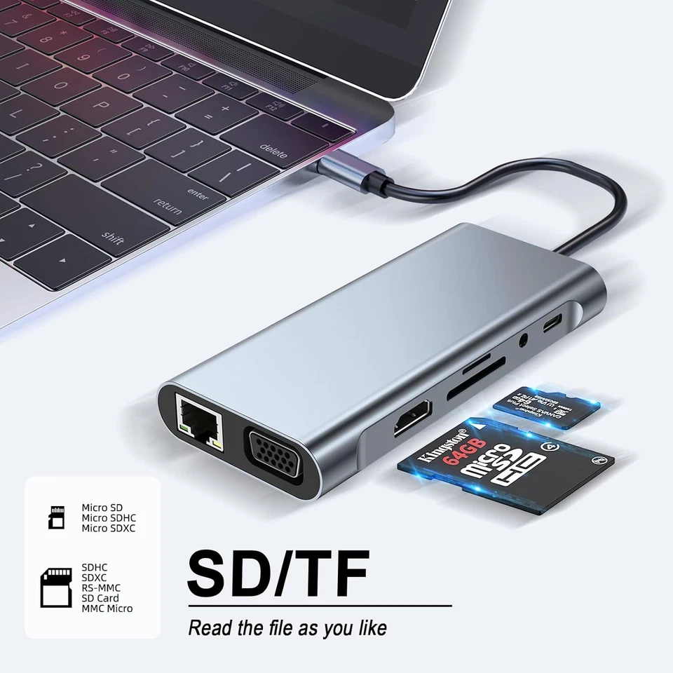 11in1 USB C Hub 4K HDMI Docking Station VGA SD TF Adapter Gigabit Eth LAN RJ45 - Bild 4 von 4