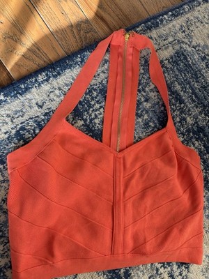 Bebe Bandage Bandeau Crop Top With Zipper Back, Orange, Small