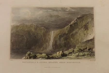1800 HAND COLOURED PRINT WATERFALL & STONE QUARRY BOSCASTLE 20CM X 15CM P2753