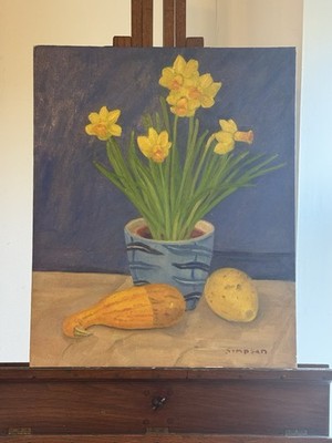 Vintage Stillleben Original Gemälde Blumen im Topf Gemüse Küche signiert