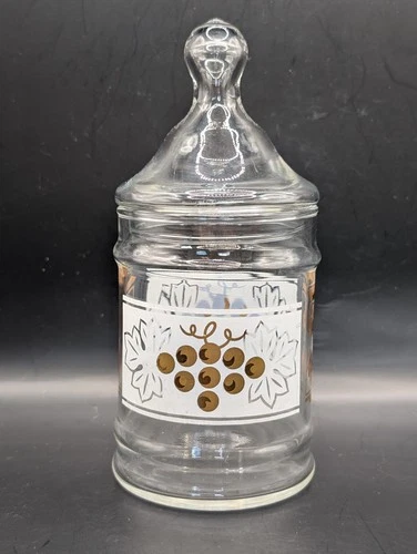Vtg MCM Anchor Hocking Apothecary Candy Dish Clear Gold Grapes With Lid 7" EUC