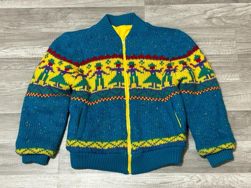 Vintage 90s Zip Up Sweater Colorful Aztec Dutch Geometric Reversible Youth M/L