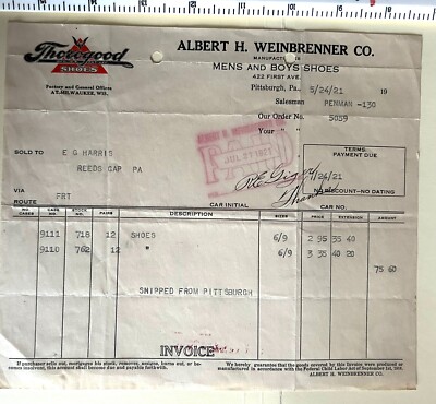 ALBERT H WEINBRENNER CO RECEIPT MEN BOYS SHOES 422 1ST AVE PITTSBURGH 5/24/1921