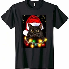 Black Cat Santa Hat Christmas Lights T Shirt Festive Holiday Design M--