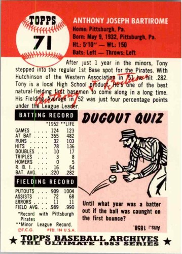 1993 TOPPS ARCHIVES - 1953 TOPPS - #71 TONY BARTIROME - PIRATES - - Picture 2 of 2