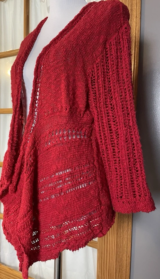 Rafaella Open Front Cardigan Women’s PL Red Cable Knit Drape Peasant Lagenlook - Image 2 of 4