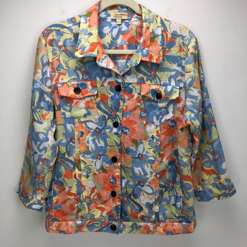 Choices Weekend Womens 100% Linen Jacket SZ L Floral 3/4 Sleeve Pockets - 第 1/8 張圖片