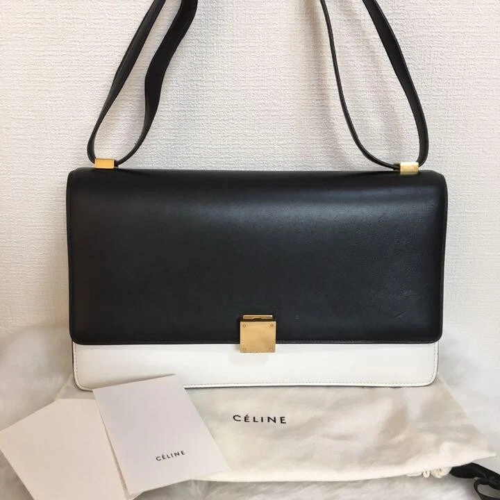 CELINE Classic Box Long Type Shoulder Bag Black & White Calfskin Leather  Auth