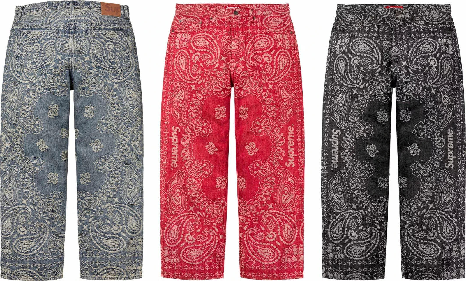 Jean baggy jacquard Supreme Bandana noir rouge bleu authentique Japon NEUF