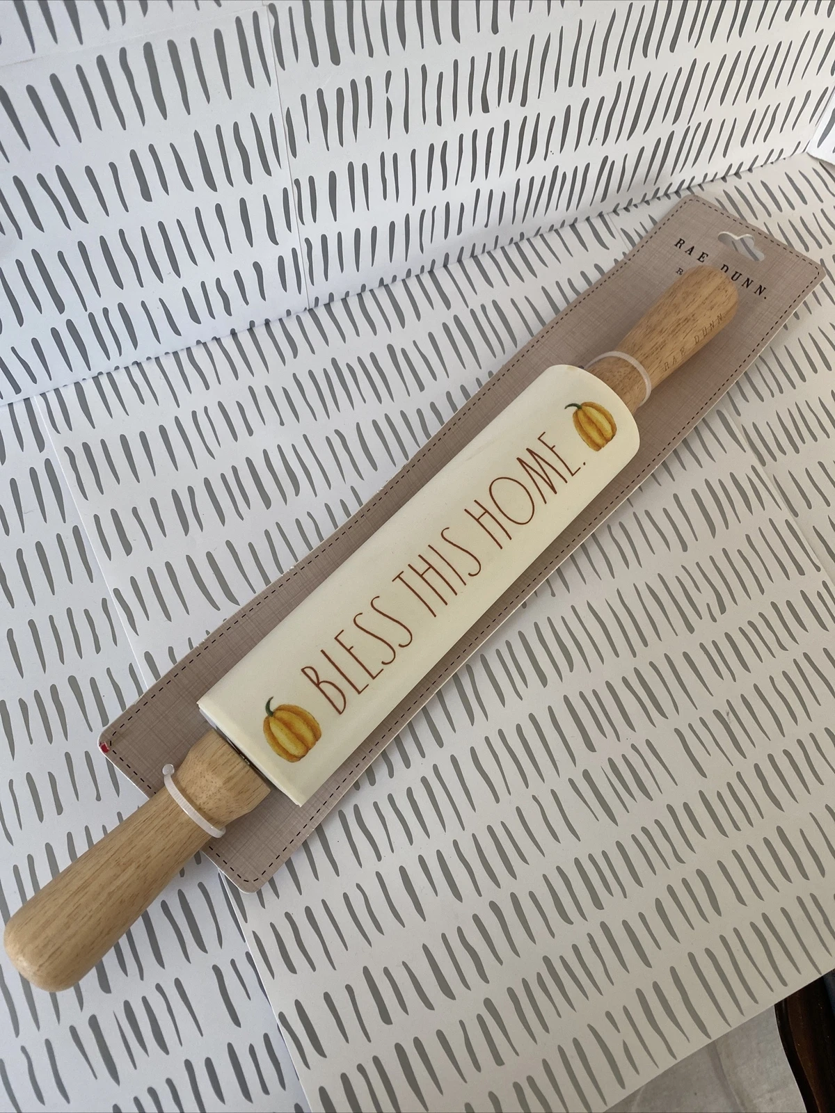 New Rae Dunn Rolling Pin 15" Fall Season Pumpkins Bless This Home Wood Handles