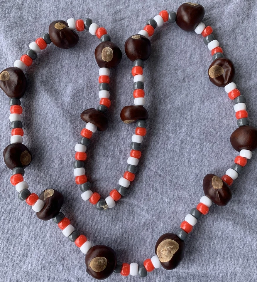 Real Buckeye Necklace w/ Scarlet Gray Beads 30" Fits for Ohio State Football Fan - Image 4 of 4