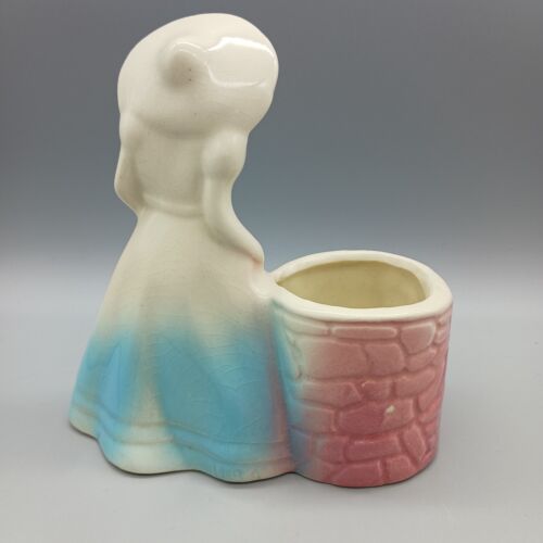Maceta de cerámica vintage dama deseando bien flores rosa azul crema 5,5" x 5,75" - Imagen 3 de 9