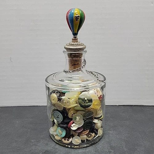 Vintage Jar of Old Small Round Buttons - Pewter Hot Air Balloon Stopper  Mcm