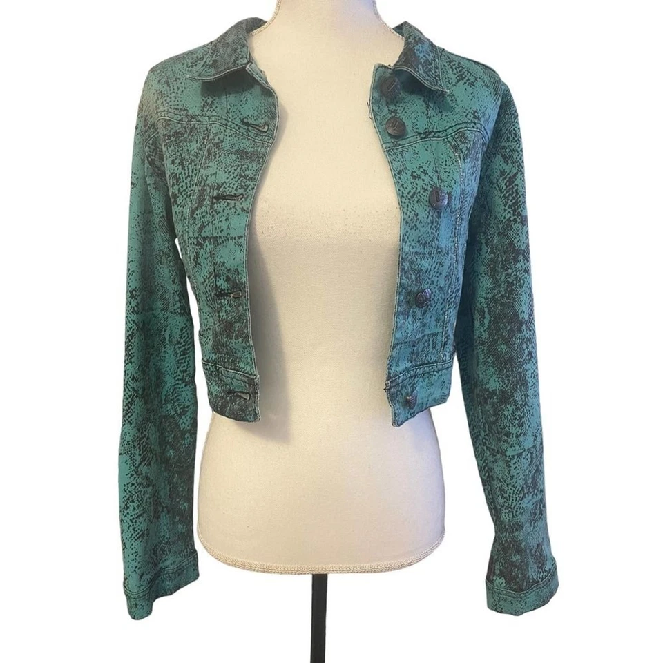 LAVORO teal python print denim cropped jacket size 3 - Image 2 of 4