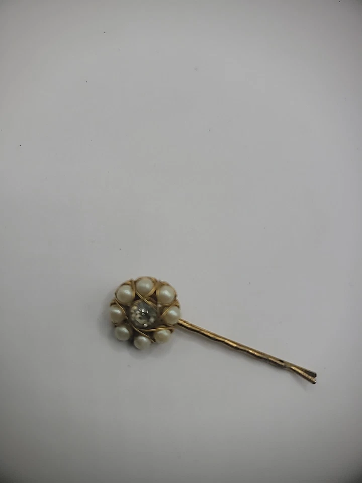 Pinza de pelo antigua vintage tono dorado cuentas blancas alambre de cristal envuelto cabello novia Foto 3 de 4